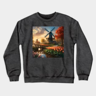 Windmill in Dutch Countryside by River with Tulips Crewneck Sweatshirt